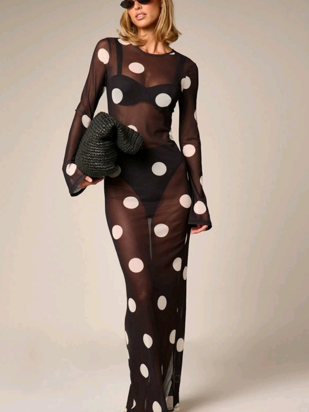 Polka Dot Mesh Maxi Dress Long Bell Sleeve Round Neck Floor Length